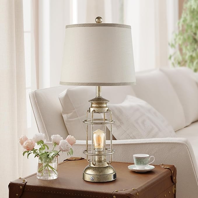 28.5" Retro Industrial Table Lamp for Living Room Bedroom Set of 2 Dimmable Touch Control Bedside Farmhouse Lamps with USB A+C Charging Ports and 2 Light Sources - Bloomnest