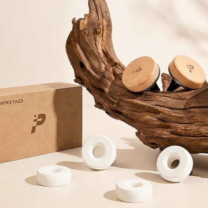 Wooden Car Air Freshener Vent Clip, Refillable Essential Oil Diffuser with Long-Lasting Natural Scent, European Beech Wood & Metal Auto Deodorizer, Includes 2 Clips + 4 Plaster Refill Pads - Bloomnest
