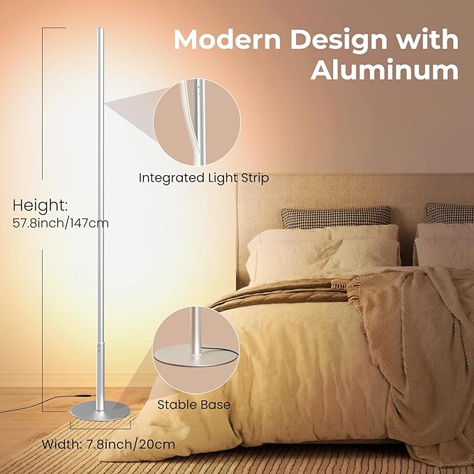 LED Corner Floor Lamp for Living Room, Minimalist Light with Remote Control, Stepless Adjustable 2700k-6500k Colors & Brightness, Modern Reading Bright Light, 58" Standing Lamp for Bedroom Home Office - Bloomnest