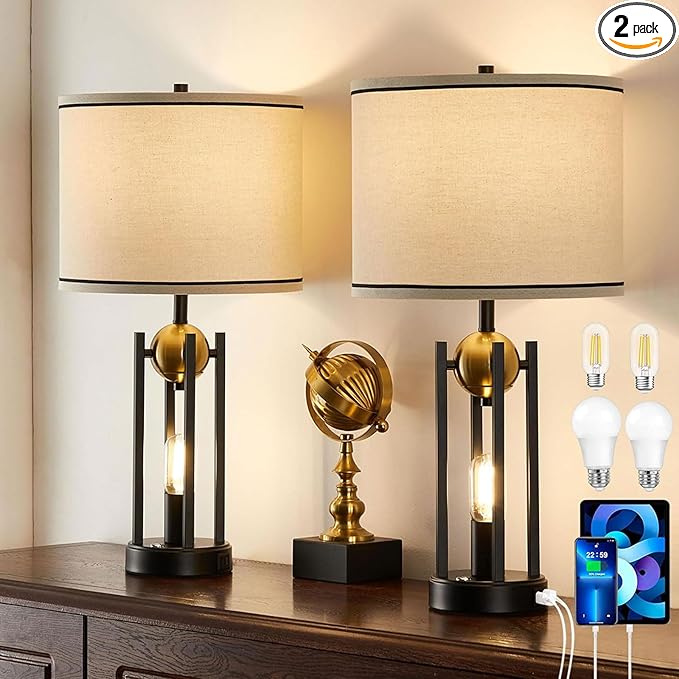 25'' Farmhouse Table Lamps for Living Room Set of 2 with USB C+A Ports, Vintage Bedside Lamp for Bedroom, Touch Lamps for Nightstand, Dual Lights Independent Switch, 4 Bulbs Included, Gold - Bloomnest