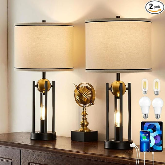 25'' Farmhouse Table Lamps for Living Room Set of 2 with USB C+A Ports, Vintage Bedside Lamp for Bedroom, Touch Lamps for Nightstand, Dual Lights Independent Switch, 4 Bulbs Included, Gold - Bloomnest