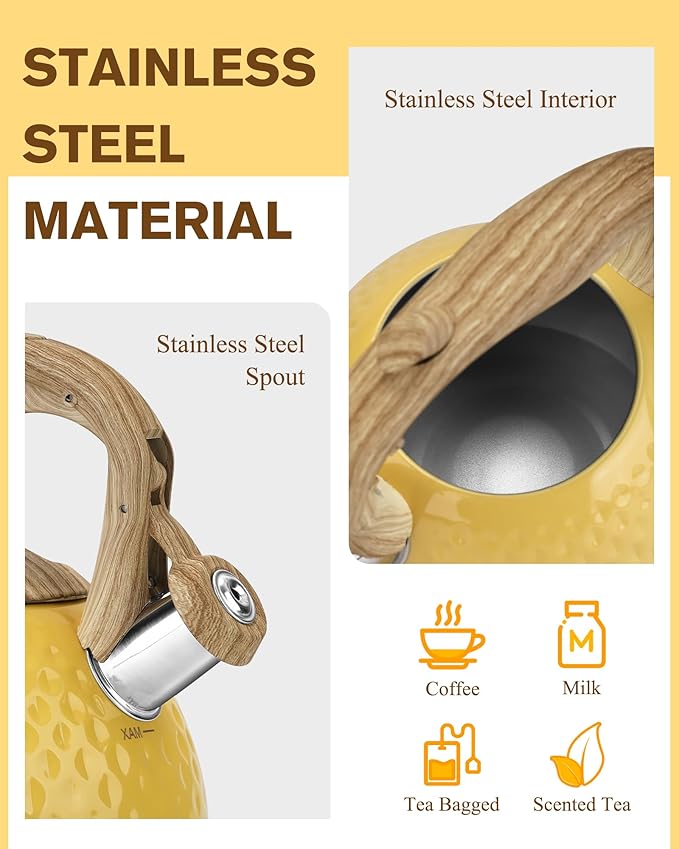 Tea Kettle, Stovetop Teapot, 2.5 Quart, Loud Whistle, Food Grade Stainless Steel and Smooth Wood Pattern Handle, Sophisticated Look for Hiking, Picnic, for Tea, Coffee, (Yellow) - Bloomnest