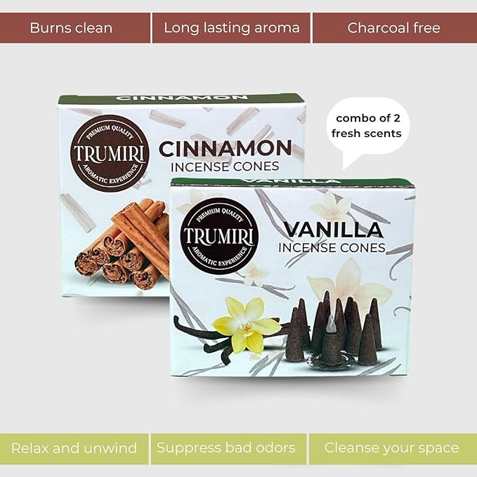 TRUMIRI Incense Cones - Combo Pack of 20 Cone Incense - 10 Vanilla + 10 Cinnamon TRUMIRI