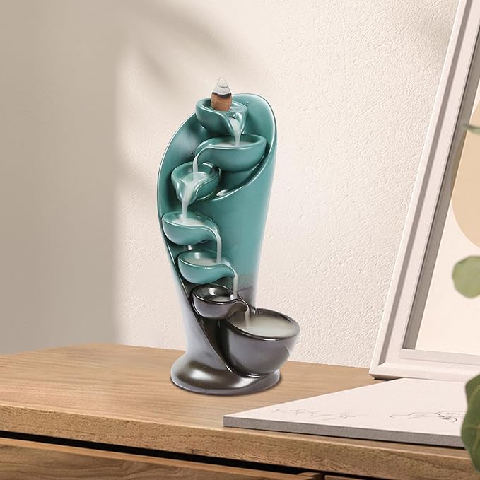 YYW Backflow Incense Burner Holder Handmade Statue Decor Fountain Waterfall Incense Holder with 20 Backflow Incense Cones 30 Incense Sticks 1 Tweezer 1 Mat for Indoor Meditation Yoga (Green) - Bloomnest