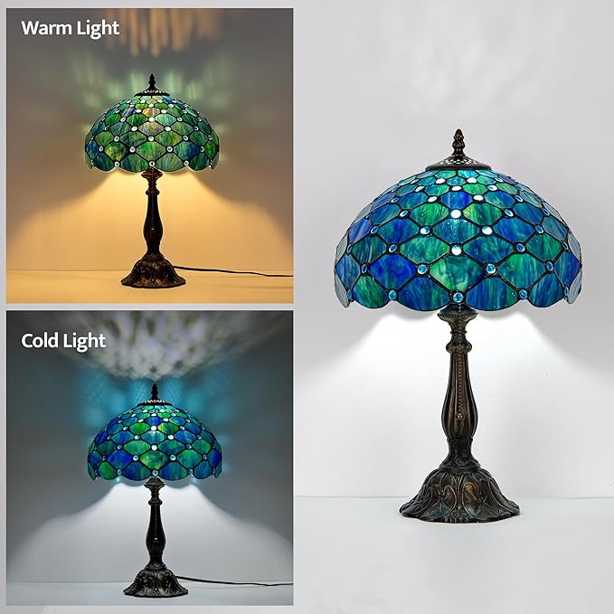 Tiffany Style Table Lamp Vintage Stained Glass Desk Lamp Sea Blue Pearls Bedside Reading Light Decor Bedroom Living Room Entry Home Office D12 xH18 - Bloomnest