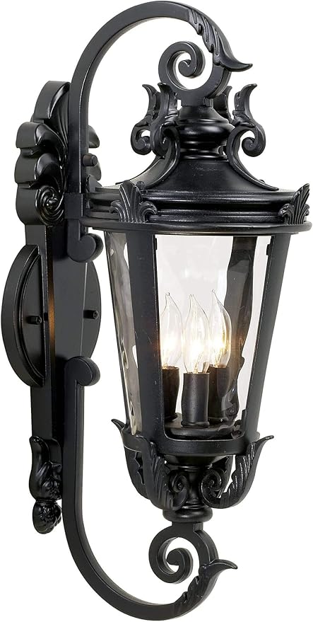 John Timberland Casa Marseille European Outdoor Wall Light Fixture Mediterranean Black Scroll Arm 21 1/2" Clear Hammered Glass for Exterior House Porch Patio Outside Deck Garage Front Door Home - Bloomnest