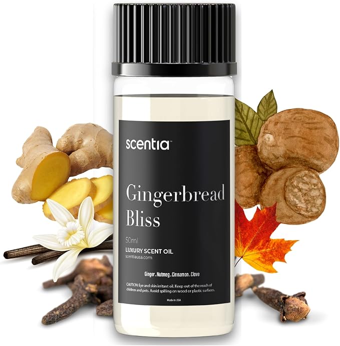 Scentia Gingerbread Bliss Fragrance Oil – 50ml Holiday Diffuser Oil | Warm Christmas Blend with Ginger, Nutmeg, Cinnamon & Vanilla | Perfect Stocking Stuffer, DIY Candles & Soaps Scentia