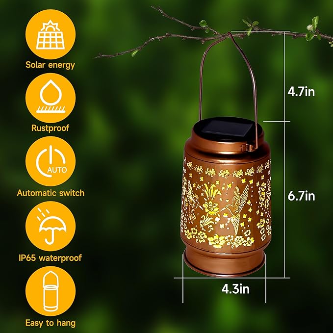 Lawn Social Solar Lanterns Outdoor Waterproof, Hummingbird Metal Hanging Solar Lights for Outside, Garden Decor Birthday Gifts for Women Mom Grandma, Outdoor Lantern for Patio Yard Balcony Porch - Bloomnest