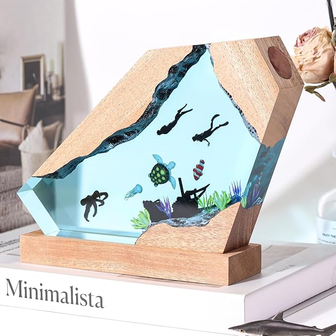 Octopus Ocean Resin Lamp, Handmade Wooden Table Resin Night Light, USB Port Art Ornaments for Home Office Decor, Scuba Diver Gifts for Birthday Holiday, Valentine's Day Gifts for Husband - Bloomnest
