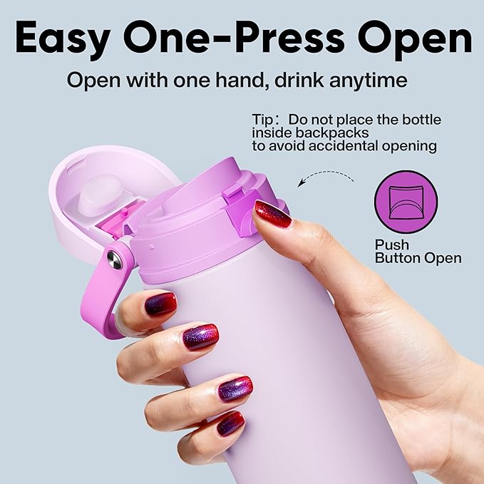 Insulated Water Bottle with Straw - Encool Stainless Steel Water Bottle with Push Button Lid, Leak-Proof & BPA-Free, Keeps Cold for 24 Hours for Sports, Travel, Gym (24 oz, Thistle-Fuchsia) ENCOOL