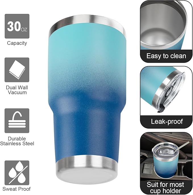 30 oz Tumbler with Lids and Straws Double Wall Vacuum Insulated Tumbler Cup,Stainless Steel Leak-proof Thermal Tumbler Travel Coffee Mug for Cold and Hot Drinks,Gradient Blue - Bloomnest