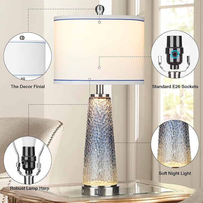 Coastal Glass Table Lamps for Living Room, 26" Table Lamps with USB A+C Ports & AC Outlet, Touch Control Bedside Nightstand Lamp with Crystal Night Light for End Table Office Desk Blue(Bulbs Included) - Bloomnest