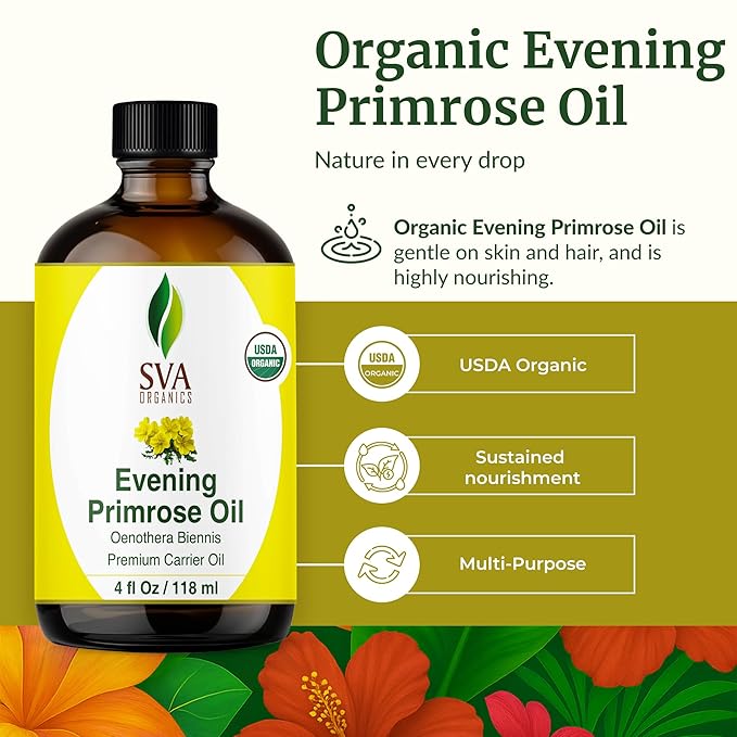 SVA Evening Primrose Oil Organic - 4 Fl Oz – 100% Natural Cold Pressed Organic Evening Primrose Oil - for Face, Skin Care, Hair Care, Scalp Massage & Body Massage – Carrier Oil with Dropper - Bloomnest