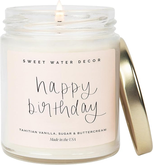 Sweet Water Decor Happy Birthday Soy Candle - Vanilla Sugar & Buttercream Sweet Scented Happy Birthday Candle Gift for Mom, Friends & Girls - 40 Hour Burn Time - 9oz - Non Toxic - Bloomnest