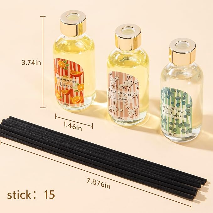 3 Pack Reed Diffuser Set, Linen Eucalyptus Citrus Scented Oil Reed Diffusers for Home, Bathroom, Office Decor, Aromatherapy Diffuser with 15 Sticks, 1.7 Fl. Oz Each, Total 5.1 Fl. Oz - Bloomnest