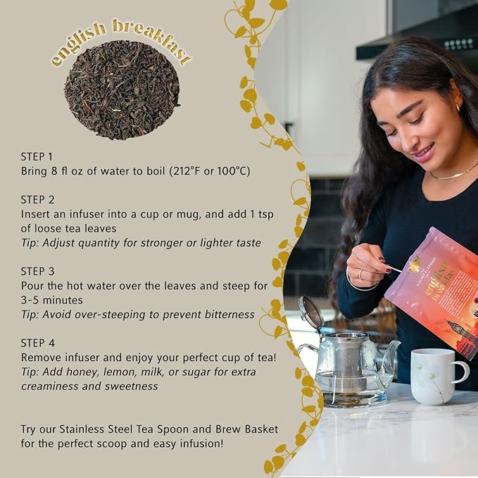 English Breakfast Tea, Organic Loose Leaf Black Tea – Robust, Full-Bodied, Classic Blend – Drink Hot or Iced – 4 oz Resealable Bag (Makes 50 Cups) – The Elegant Elephant - Bloomnest