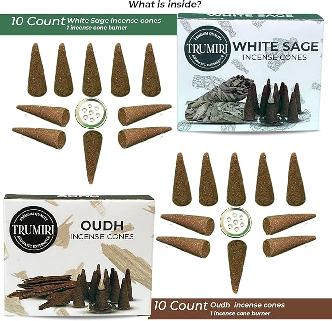 Incense Cones - Combo Pack of 20 Cone Incense - 10 White Sage + 10 Oud - Insence Cones - Incense Cones Scented - Cone Incense Scents - Insense Cones - Incent Cone TRUMIRI