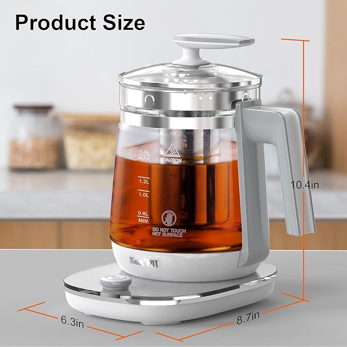 Electric Kettle, 1.5L Borosilicate Glass Hot Water Kettle Electric & Tea Kettle for Coffee or Tea, BPA Free, Auto Shut-Off, Stainless Steel, White, 1200w - Bloomnest