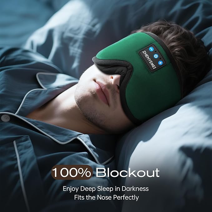 3D Sleep Mask with Bluetooth Headphones, Sleeping Headphones for Side Sleepers, Wireless Music Eye Mask with Ultra-Thin Stereo Speakers for Men, Women, Tech Gifts, Deep Green - Bloomnest