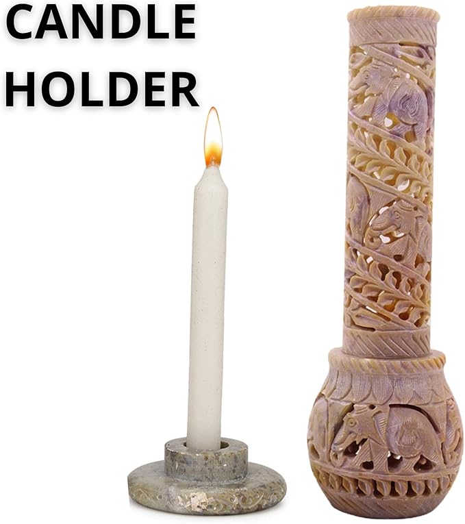 Carry Me Hand Carved Soapstone Incense Stick Holder | Candle Burner | Tea Light Stand. Elephant Jaali Carving Bottle Shape. Decorative Home and Kitchen Decor - (3x3x10.5 Inches) - Bloomnest