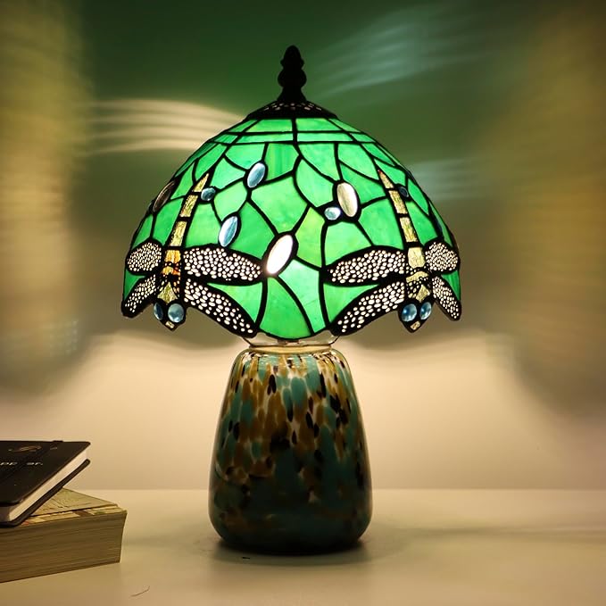 Tiffany Mushroom Table Lamp Dragonfly Style Green Stained Glass Accent Lamp Brown Blue Glass Base 8X8X12 Inch - Bloomnest