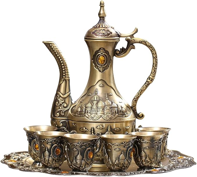 Vintage Turkish Coffee Pot Set for 6 Including Tray and Teapot,Metal Cups,Teapot and Cup Set for One,Tea Service Set for Home Tea Table Decor,Wedding Ornaments(Brass)