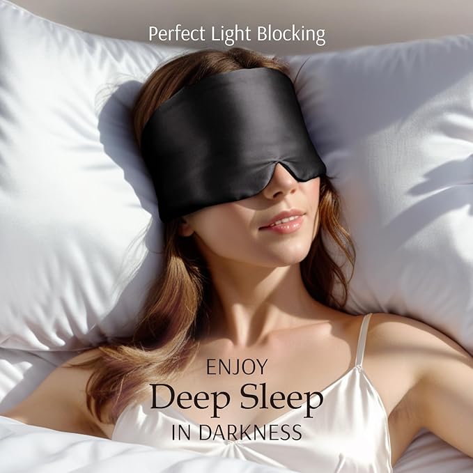 Zenssia 100% Mulberry Silk Sleep Mask Eye Mask for Man and Woman with Adjustable Headband, Full Size Large Sleep Mask & Blindfold for Total Blackout for All Night Sleep, Travel & Nap- Black - Bloomnest