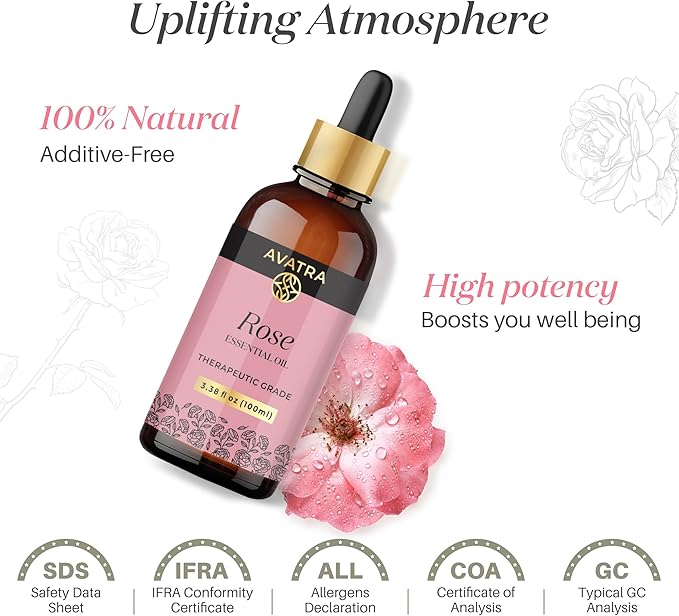 Avatra Rose Essential Oil 100ML (3.38 OZ) with Glass Dropper and Travel Bottle, Pure and Natural Therapeutic Grade Lavender Oil for Diffuser, Aromatherapy, Massage, and DIY Candle Products - Bloomnest