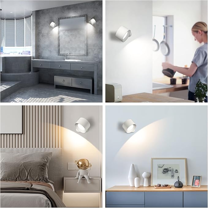 Battery Operated Wall Light, LED Lamp with 360°Adjustable Lighting Indoor Light 3 Color Modes Brightness Levels Touch Control, Mounted for Bedroom Reading Bedside-1Pack White - Bloomnest