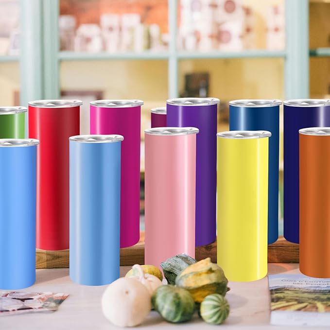 YOUKE OLA 24 Pack Stainless Steel Skinny Tumblers 20oz - Bulk Straight Double Wall Vacuum Insulated Tumbler with Lid and Straw & Silicone Base for Travel, DIY (Mixed Colors) - Bloomnest