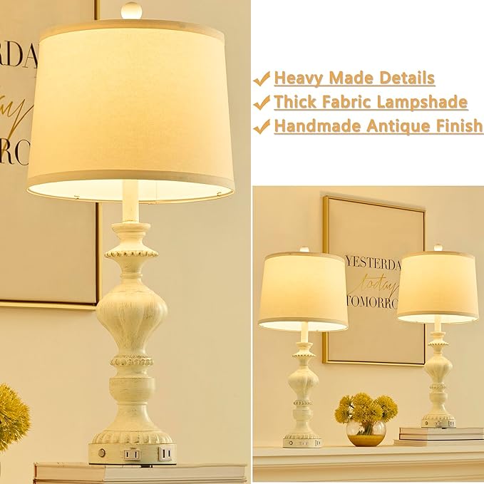 27.5" Farmhouse Table Lamps Set of 2 Bedside Nightstand Lamp with USB C+A Ports & AC Outlet, 3 Way Dimmable Touch Lamps for Bedroom Living Room Office Rustic Lamp (White Gold) - Bloomnest