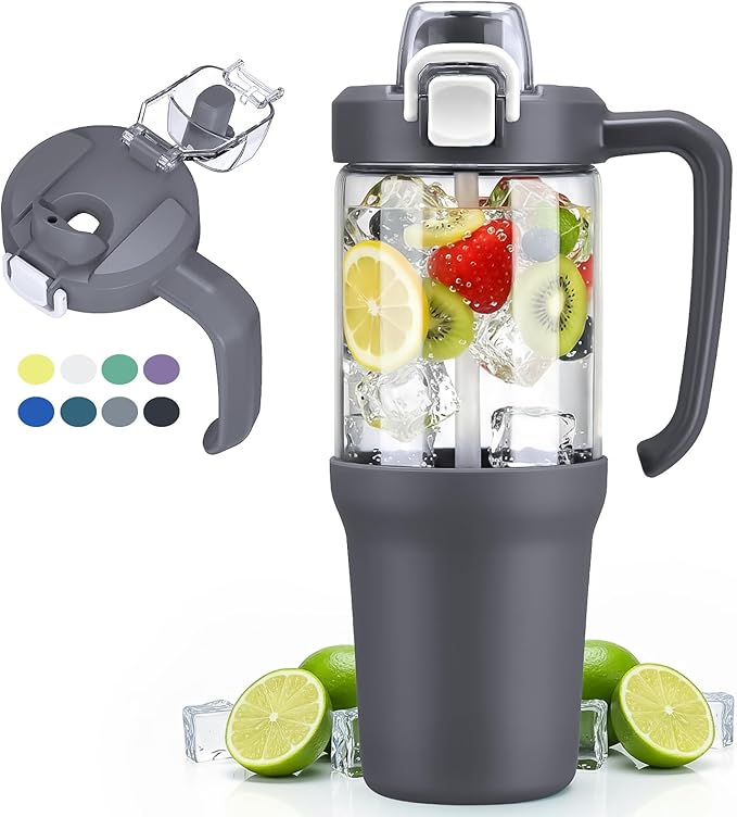 32 oz Glass Tumbler with Handle, 2-in-1 Straw and Sip Spout, Leakproof, BPA-Free Glass Water Bottle for Sports, Office, School, Grey - Bloomnest