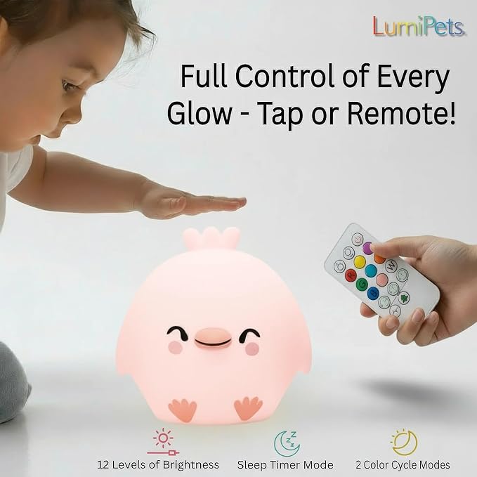 Lumipets Clara The Chick Squishy Silicone Night Light for Kids | Cute Night Light with Remote & Touch Control for Baby & Toddler Bedrooms | Color Changing Portable Animal Nightlight | Soft Mood Lamp - Bloomnest