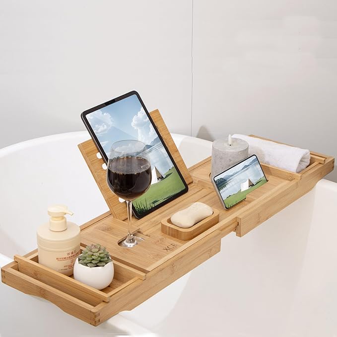 XcE Bamboo Bathtub Caddy Tray - Expandable to 41 Inches with Book Stand, Soap Holder & Anti-Slip Pads for Luxury Bath Spa, Natural - Bloomnest