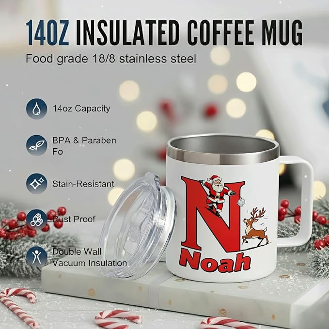 Personalized Christmas Mug with Name Initial - Custom Santa Reindeer 12oz Insulated Stainless Steel Coffee Cup Tumbler with Handle & Lid - Fun Holiday Xmas Gifts for Kids, Women, Men, Family (B150) - Bloomnest