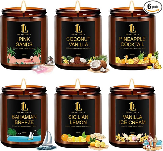 6 Pack Scented Candles Set, 42oz 300 Hour Long Lasting Candle, Soy Candles for Home Scented, Scents of Pink Sands/Coconut Vanilla/Bahama Breeze/Pineapple Cocktail/Sicilian Lemon/Vanilla Ice Cream - Bloomnest