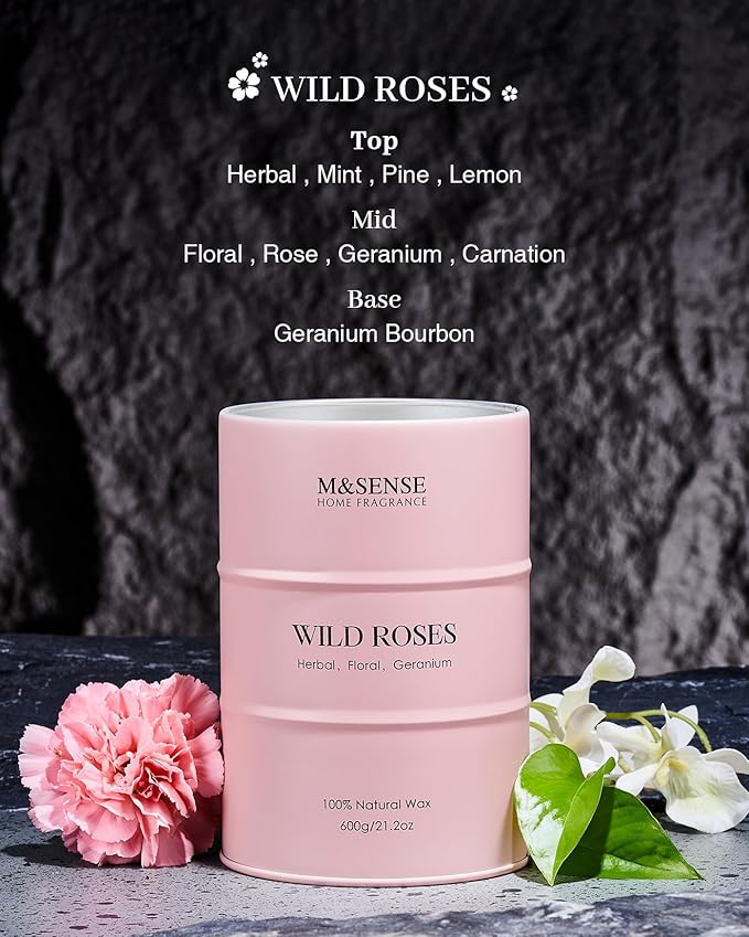 M&SENSE Wild Rose Large Natural Scented Candle, 120 Hours Long Lasting Soy Candles 21.2oz, Stress Relief Luxury Aromatherapy Candles for Women, Romantic Candle Valentines Day Gifts for Her - Bloomnest