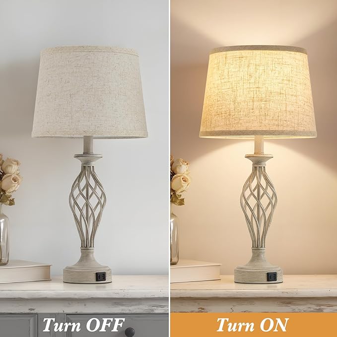Table Lamp for Bedroom Set of 2 - Light Grey Bedside Lamps with USB C+A Ports,Rustic Distressed Farmhouse Bedroom Lamp - Lamp for Living Room Reading Bed Side End Table Bulbs Included - Bloomnest