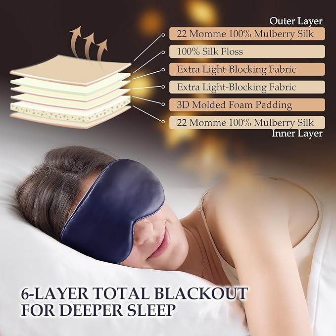 100% Pure Mulberry Silk Sleep Mask, 3D Contoured Cup Eye Mask for Sleeping, 22 Momme Super Soft Breathable Blindfold, Adjustable Blackout Travel Silk Eye Cover Blue - Bloomnest