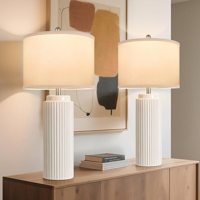 28’’ Farmhouse Ceramic Table Lamps Set of 2 for Living Room, Cream Vintage Bedside Table Lamps with White Linen Shade, Rustic Nightstand Lamps for Bedroom Home Office End Table Dorm - Bloomnest