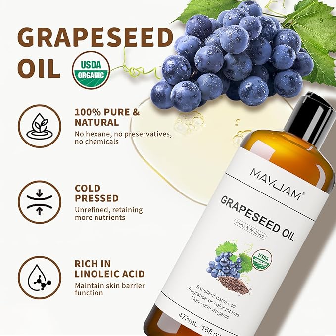 MAYJAM Organic Grapeseed Oil for Skin & Hair 16 oz, USDA Certified 100% Pure & Natural Grape Seed Oils, Cold Pressed Body Massage Carrier Oil for Skin Face Essential Oils Mixing, Hexane Free - Bloomnest