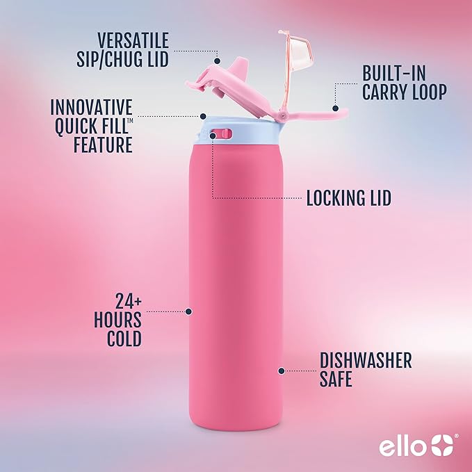 Ello Pop & Fill Insulated Stainless Steel Water Bottle with Quick Fill Lid, Leakproof Locking, Sip or Chug Spout, BPA-Free, Double Wall Vacuum Insulated for Sports, Travel & School- 22oz / 32oz / 40oz Ello