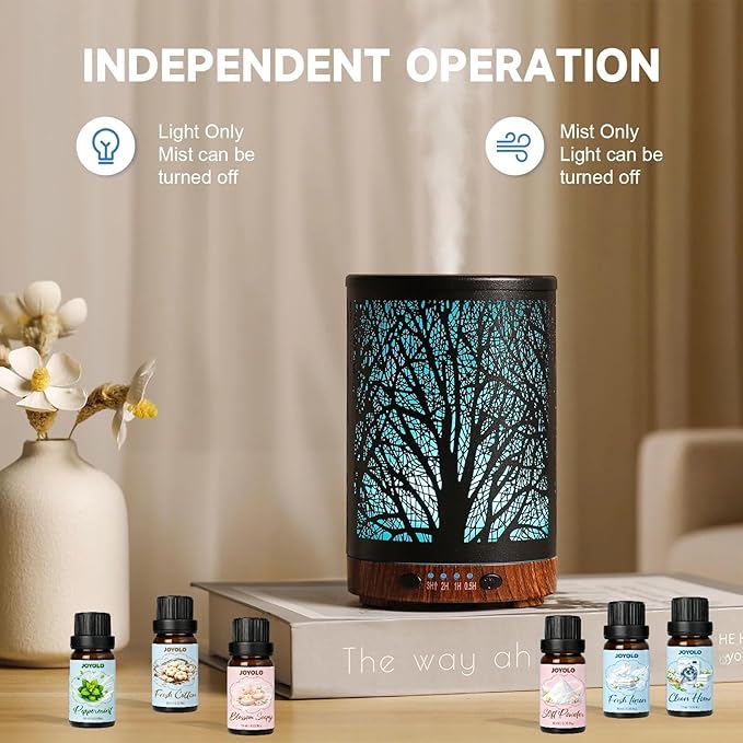 Essential Oil Diffuser & Essential Oils Set, Aromatherapy Diffuser with 7 LED Colors, 6 Oils Gift Pack (Clean Home, Peppermint, Blossom Soapy, Soft Powder, Fresh Cotton, Fresh Linen) - Bloomnest