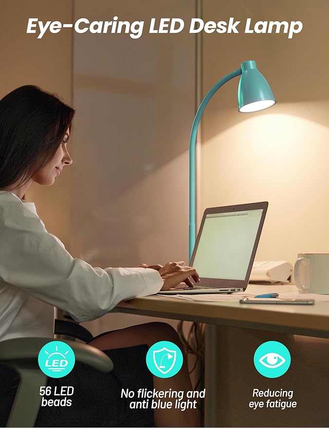 BOHON LED Desk Lamp with USB Charging Port, 3 Color Modes Fully Dimmable Reading Lamp, Auto Dimming Task Lamp, Flexible Gooseneck Table Light for Office Dorm Bedside, Adapter Include, Teal - Bloomnest