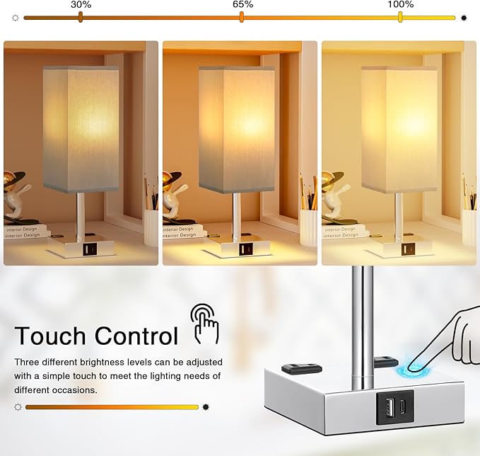 Touch Bedside Table Lamp Set of 2-3-Way Dimmable Night Lamp with USB A + Type C Charging Ports and Two AC Outlets, Small Desk Light with E26 LED Bulb for Bedroom Living Room Dorm Office - Bloomnest