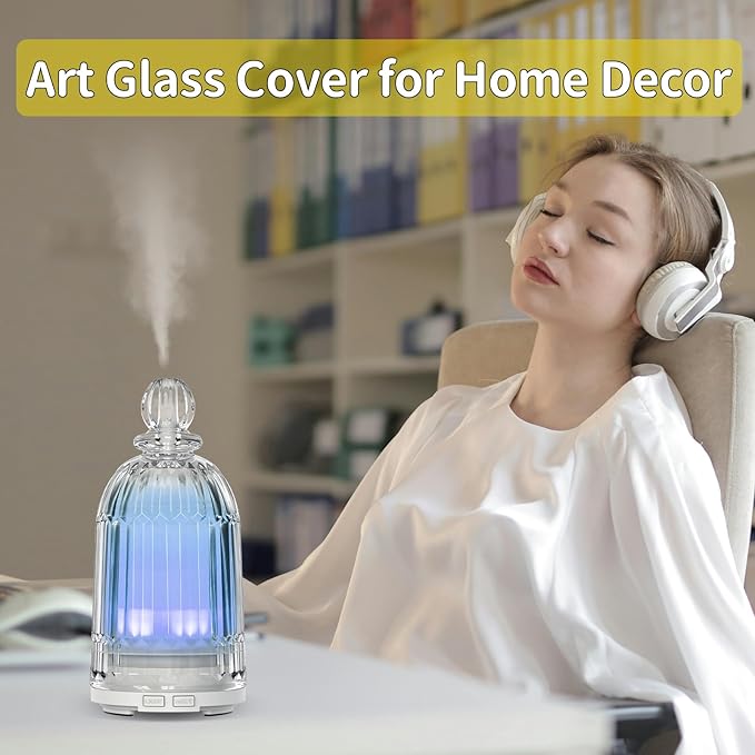 Glass Essential Oil Diffuser, Aroma Diffusers with Glass Cover & Plastic Reservoir Small Humidifiers with 7 Color LED Lights Auto-Off for Home Office Bedroom Yoga 120ml(White Bottom) - Bloomnest