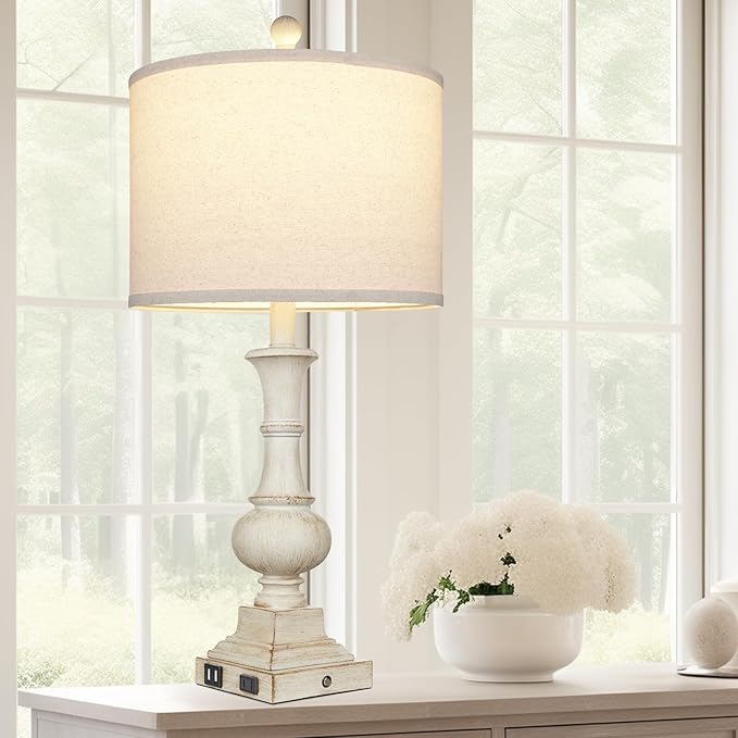 26" Farmhouse Table Lamp, Vintage Rustic Touch Control Bedside Lamp with 2 USB Ports & AC Outlet, Boho Resin 3-Way Dimmable Nightstand Lamp Linen Fabric Shade for Living Room Bedroom End Table White - Bloomnest