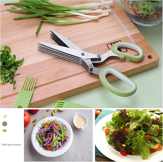 Herb Scissors Set,Multipurpose 5 Blade Kitchen Herb Cutter with Safety Cover and Cleaning Comb for Cutting Shredded Lettuce, Cilantro Fresh, Green Onion Fresh and etc. - Bloomnest