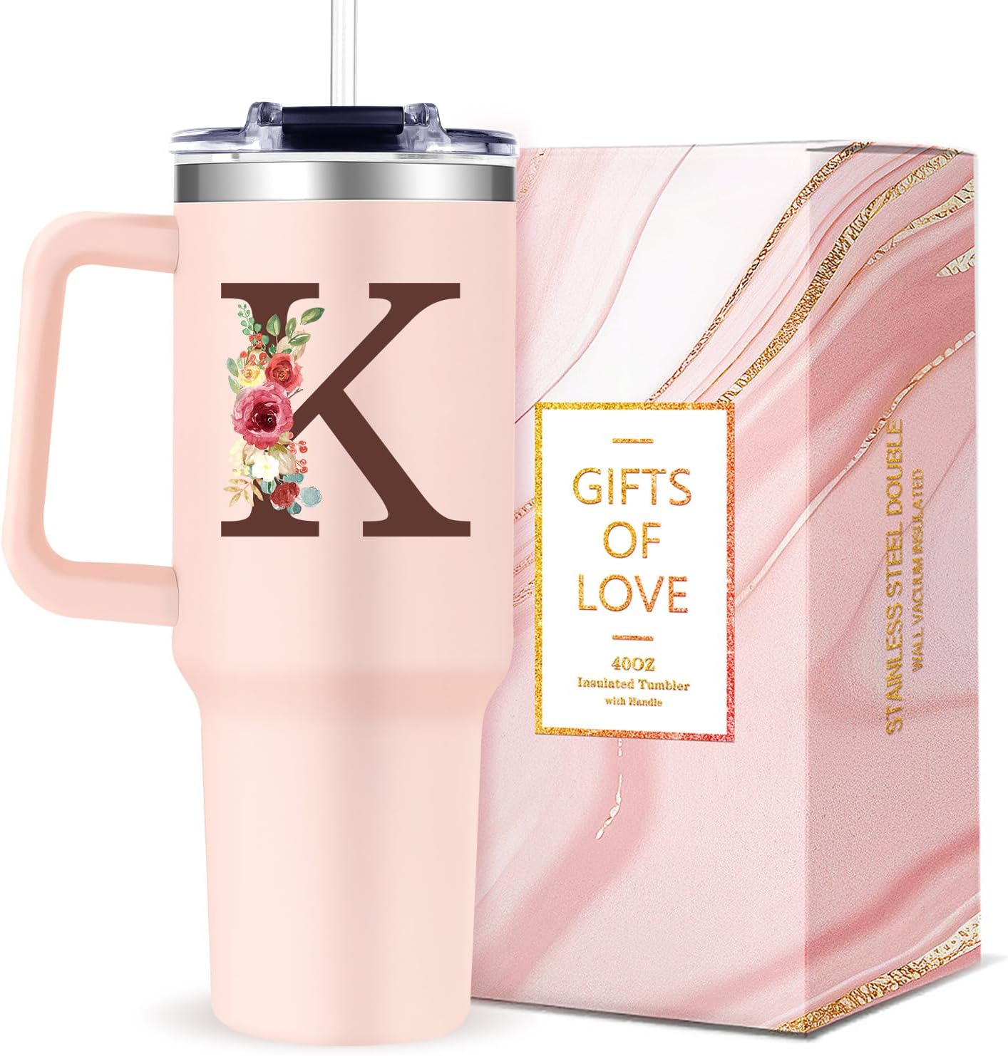 Monogrammed 40oz Tumbler with Handle for Women, Personalized Birthday Gifts for Women,Initial Cups for Woman Floral Letter K,Customized Gifts for Female Lady Gift for Mothers Day Christmas
