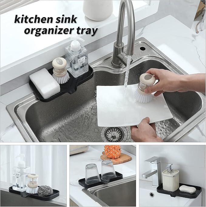 Silicone Bathroom Soap Dishes with Drain Spout-Bathroom and Kitchen Sink Organizer,Sponge Holder,Dish Soap Tray,Perfect for Dispenser,Scrubber,Bottle,Cup on Sink or Counter-Black 9.6"×5.3" - Bloomnest
